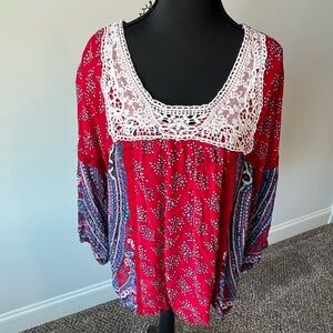 Bila Red and Blue Boho Blouse with Lace Detail Size Large